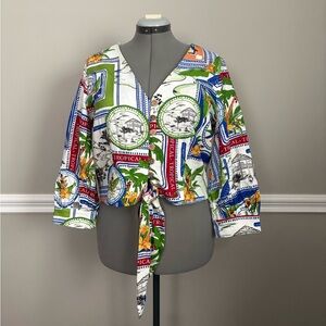Joie Tropical Print Tie Front Blouse Size L Linen Blend Resort Top